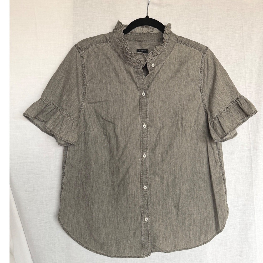 100% Cotton Talbots Chambray Shirt Grey Ruffle Neck Classic Short Sleeve Medium